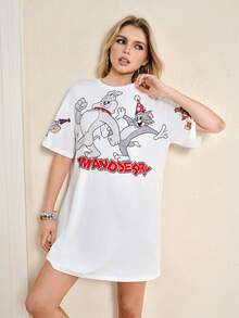 TOM & JERRY X SHEIN Women's Cartoon Print Round Neck Short Sleeve Casual Mini Dress - White - View 6