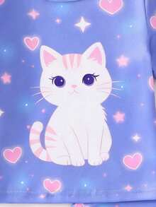4件套女婴贴身睡衣套装，可爱猫咪爱心夜光印花，弹力针织面料，短袖上衣和裤子 - 紫色 - 查看 7