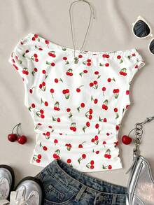Teen Girl Casual Ruffle Shoulder Cherry Print Versatile Daily T-Shirt Girls Cherry Shirt Cherry Print Top Cute Summer Crop Top Fruity Print Shirt Aesthetic Girls Top - White - View 1