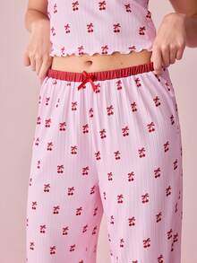 Bonmuse 2pcs Contrast Trim Camisole & Bowknot Cherry Print Women Knit Pajama Set - Multicolor - View 6