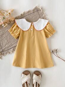 SHEIN Đầm mùa hè cho bé gái kiểu dáng thường ngày, thêu hoa, tay cánh hoa, cổ Peter Pan. - Màu vàng - Xem 2