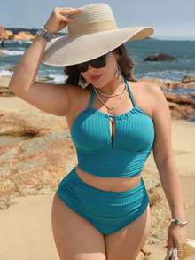 Swim Lushoire 2026 New Summer Beach Vacation Comfortable Textured Supportive Green Tankini Top + High Waist Slimming Plus Size Bikini Bottom, Plus Size Swimwear Set - Green - View 7