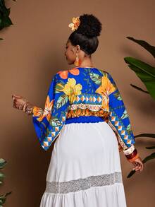 Maweii Plus Size Women's Blue,Autumn,Boho,Vacation,Holiday Tropical Floral Print Deep V-Neck Cinched Waist Bow Tie Decor Blouse,Fashionable Beach Party Top - Multicolor - View 4