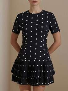 eloria Modichic Vestido casual versátil para mujer con cuello redondo, cintura ceñida, manga corta, estampado de lunares en blanco y negro, dobladillo con volantes en capas y silueta a juego - Blanco y Negro - Ver 5