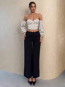 SHEIN Glamour 女士优雅露肩印花灯笼袖短款上衣，春夏女士衬衫，复古优雅女士上衣，波点印花露肩罩杯女士上衣 - 杏色 - 查看 4