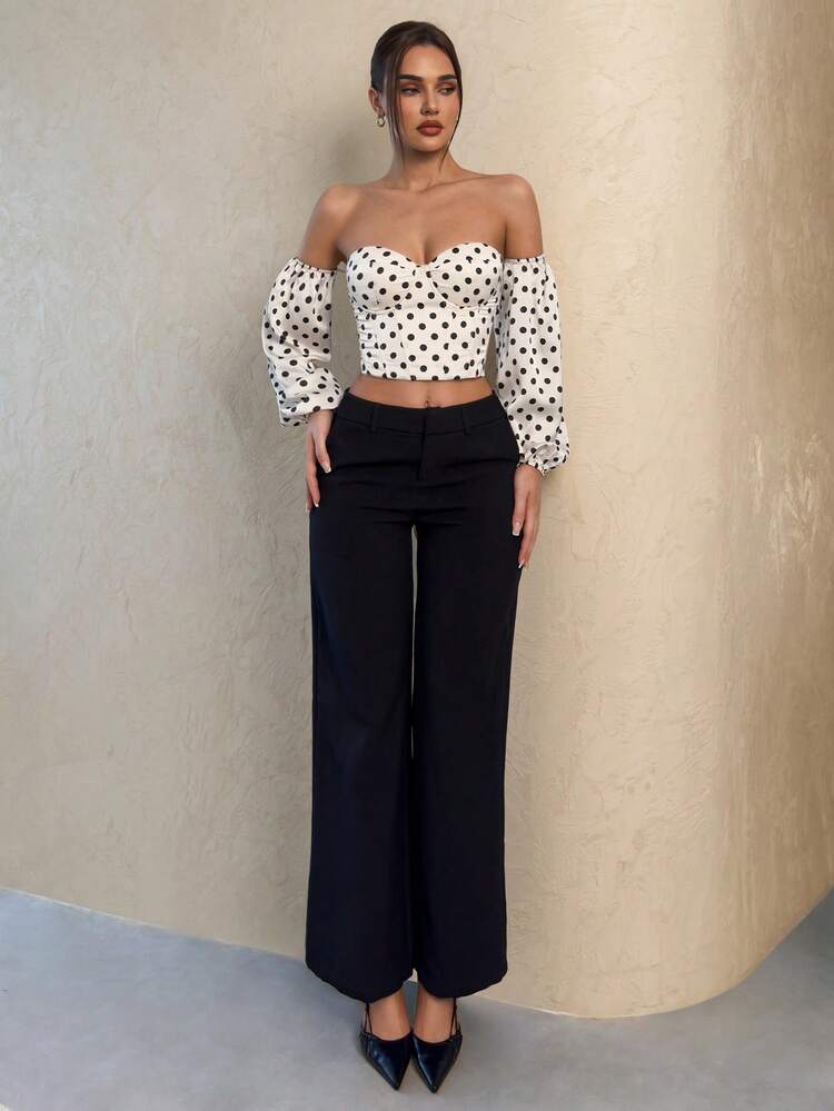 SHEIN Glamour Blusa elegante de mujer con hombros descubiertos, estampado floral y mangas farol acampanadas, blusa de primavera/verano para damas, blusa elegante y retro, blusa de mujer con estampado de lunares y hombros descubiertos - Albaricoque - Añade 4
