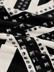 ROMWE Grunge Punk Women's Y2K Retro British Flag Print Rhinestone Rivet Oblique Shoulder Tight Fitting Short Sleeve Top - Black - View 3