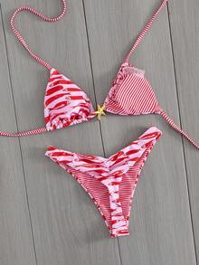 Swim Vcay 新款女士优雅 Y2K 热带海滩度假风两件式比基尼套装 - 不对称三角挂脖上衣，饰以红色鱼纹印花和条纹拼接，金色海星吊坠和可调节条纹肩带，V 型高衩性感泳裤 - 顺滑弹力速干面料 - 完美适用于夏季海滩度假、泳池派对、音乐节、婚礼、春季假期等场合 - 粉色 - 查看 2