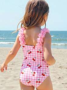 SHEIN 少女可爱粉色碎花格纹樱桃印花连体泳衣，沙滩度假 - 粉色 - 查看 2