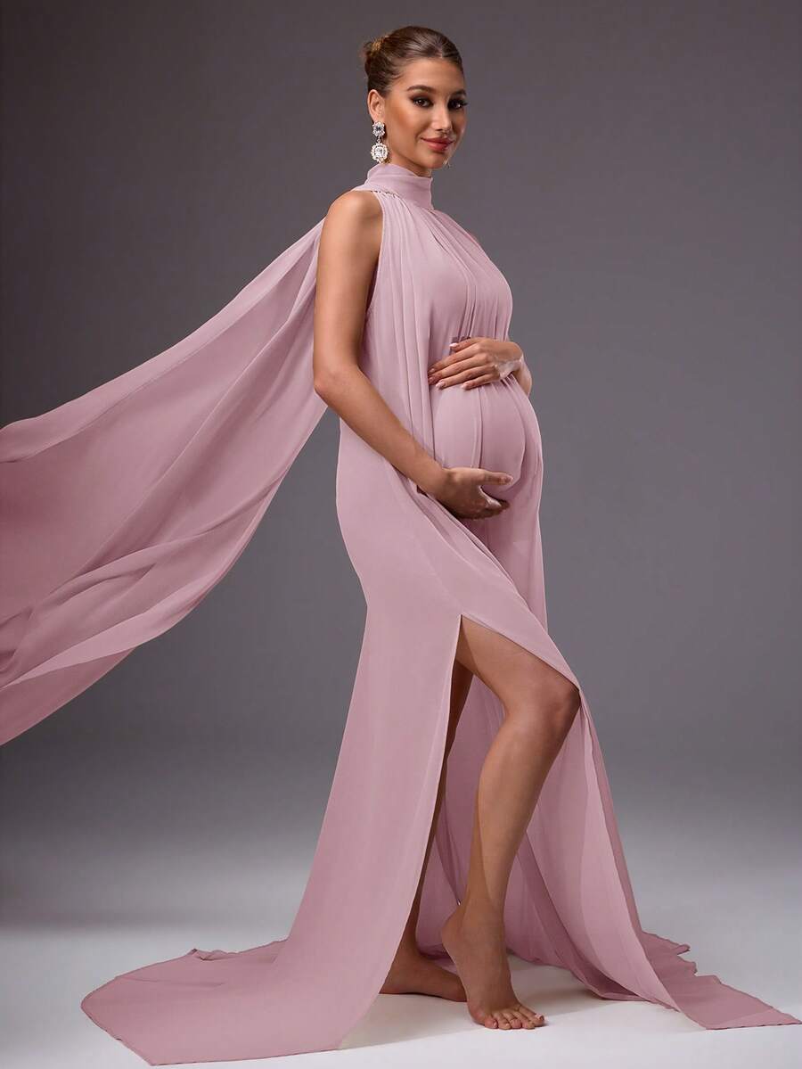 MaterniChic Elegant Solid Color High Slit Flowy Maternity Dress - Dusty Pink - View 1