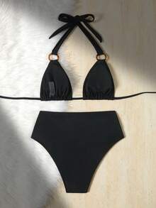 Swim Lushoire 女士新款纯黑色露背性感优雅度假前卫简约派对圣诞两件式泳衣 - 黑色 - 查看 5