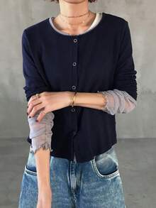 FRIFUL Camiseta holgada y versátil de mujer de verano con parches de unicolor y malla transparente - Azul Marino - Ver 2