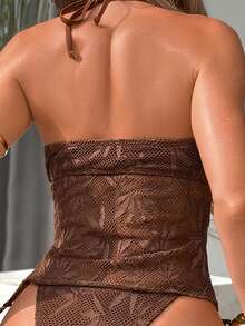 Swim Lushoire Women's Spaghetti Strap Tankini Set, Casual Vacation Solid Color Neck Tie 2-Piece Tankini Swimwear - Brown - View 5