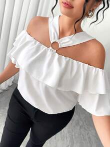 Elenzga 大码优雅露肩金属装饰荷叶边露肩上衣 - 米色 - 查看 3