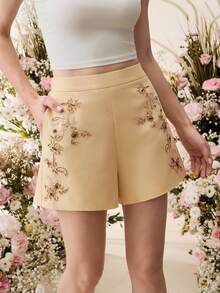 Anewsta 女士休闲优雅刺绣串珠短裤 - 黃色 - 查看 1