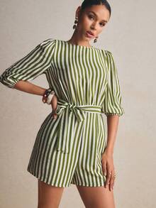 Poéselle Women's Summer Casual Woven Striped Lantern Sleeve Jumpsuit - Mint Green - View 6