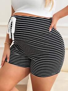 Plussiva 大码孕妇条纹系带短裤 - 黑與白 - 查看 5