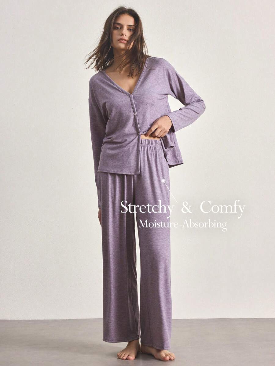 Ocili Minimalist Comfortable Collarless Soft Pajama Set For Women - Mauve Purple - View 1