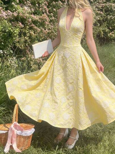 SHEIN Romantic Vintage 3D Embossed Floral V-Neck Sleeveless Flared Dress For Women Light Yellow Dress Women Love And Lemonade Dresses Elegant Summer Dresses Yellow Halter Dress