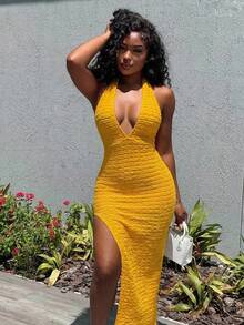 SHEIN BamGlam 2026 Nuevo vestido largo de moda para mujer, escote en V profundo, diseño de abertura alta, tela texturizada, estilo de vacaciones, adecuado para playas y fiestas. - Amarillo - Ver 5