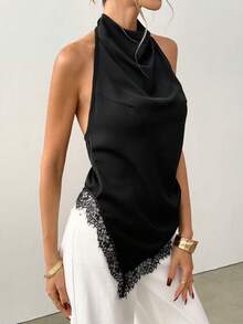 Ritzy Row Top halter de seda negra con delicado ribete de encaje, diseño de escote en V, elegante top de tirantes para damas, sexy y elegante para uso diario - Negro - Ver 6