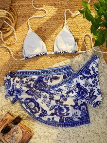 Swim Vcay Bikini Segitiga Halter dan Rok Pantai Motif Cetak untuk Liburan Pantai Musim Panas Wanita - MultiWarna - View 7