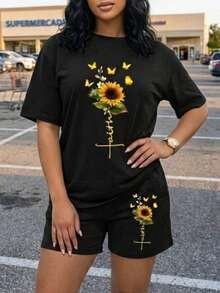 Shorts And T-Shirt With Round Neck, Print - Black - View 1