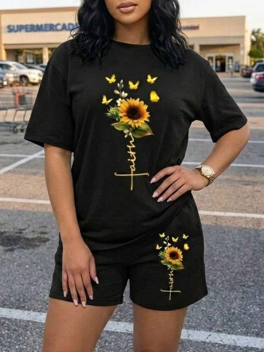 Shorts And T-Shirt With Round Neck, Print - Black - View 1