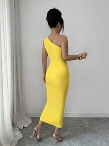 Rafferiza Women's Oblique Shoulder Ruched Fitted Bodycon Elegant Dress Women Party Dress Women Elegant Outfits Beautiful Dresses For Woman Latest Dress - Yellow - View 2