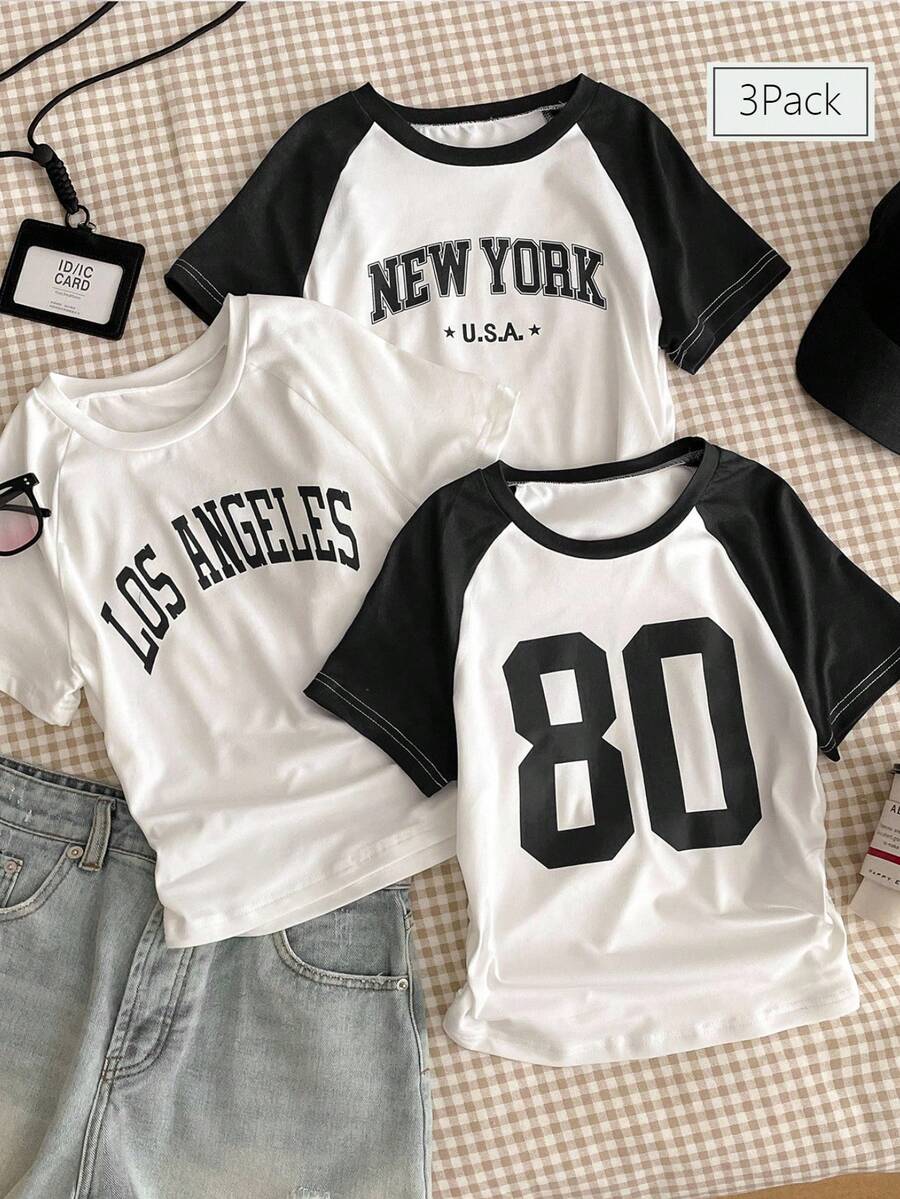 3 Packs Spring & Summer Basic Printed T-Shirts For Teen Girls, Fresh Style With Versatile Spring Colorways, Comfortable Fit, Ideal For School, Daily Outings And Various Occasions - Black and White - View 1