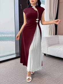 Feyla Women's Contrast Color Cheongsam Collar Dress - Burgundy - View 6