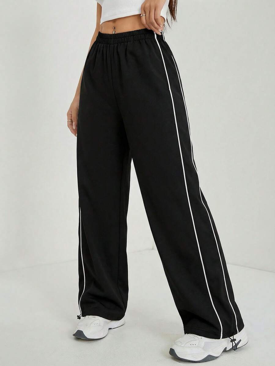 SHEIN Tall Y2K街头风百搭阔腿裤，低腰抽绳腰带撞色滚边裤 - 黑色 - 查看 1