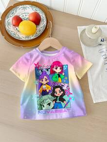 SHEIN 女童卡通字母印花圆领短袖上衣和短裤休闲睡衣套装 - 彩色 - 查看 3