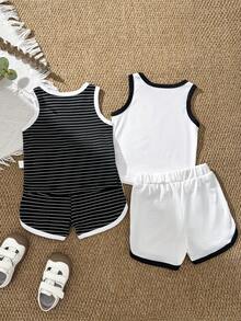 SHEIN Bộ 4 món cho bé trai, áo cổ tròn in hình hiệp sĩ và quần short. - trắng - Xem 2
