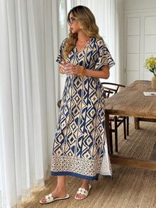 Louniche Đầm maxi dáng chữ A suông, tay cánh dơi in họa tiết hình học màu xanh dương, cổ chữ V, kiểu dáng thoải mái, phong cách boho, thích hợp cho kỳ nghỉ hè của nữ. - Nhiều màu - Xem 4