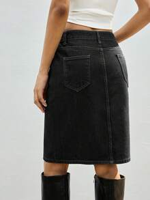 Maija Women's Black Denim Skirt, Midi Length, Simple And Stylish For The Workplace. - Black - View 5