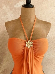 Soleia 女士不对称下摆吊带背心，饰有贝壳图案，适合海滩度假和夏季穿着 - 橘色 - 查看 3