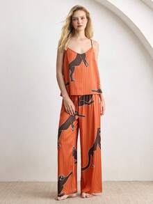 Ocili Bohemian Satin Leopard Animal Lace Minimalist Draped Neck 2-Piece Set, Spaghetti Strap Long Pants, Comfortable Women Sleepwear Pajama Set - Coral Orange - View 4