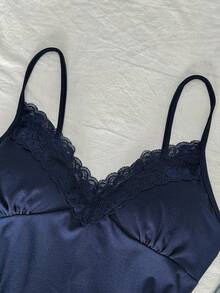INAWLY Women's Lace Patchwork Ruffle Fitted Camisole Top, Versatile For Dates And Outings - Navy Blue - View 3