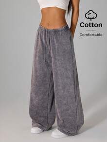 SHEIN PETITE 浅灰色女士休闲低腰直筒运动裤，适合夏季穿着，水洗雪花效果 - 淺灰色 - 查看 1