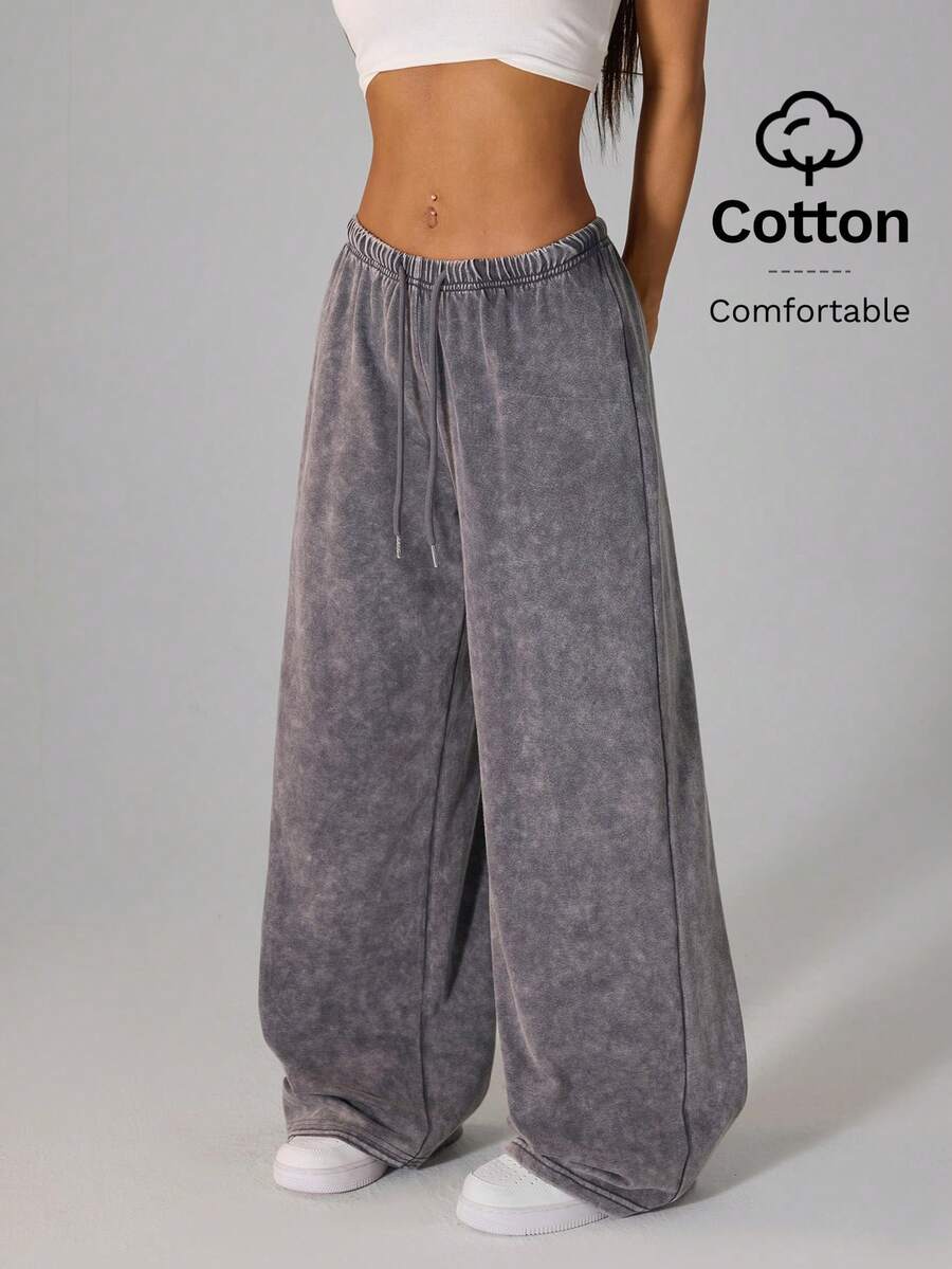 SHEIN PETITE 浅灰色女士休闲低腰直筒运动裤，适合夏季穿着，水洗雪花效果 - 淺灰色 - 查看 1