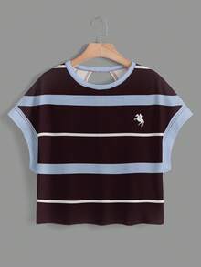 SHEIN Essnce 休闲简约复古优雅通勤百搭暖棕色和蓝色条纹马匹标志印花图案，适合海滩、度假、女士夏季穿搭，女士圆领露背不规则下摆宽松无袖T恤 - 彩色 - 查看 2