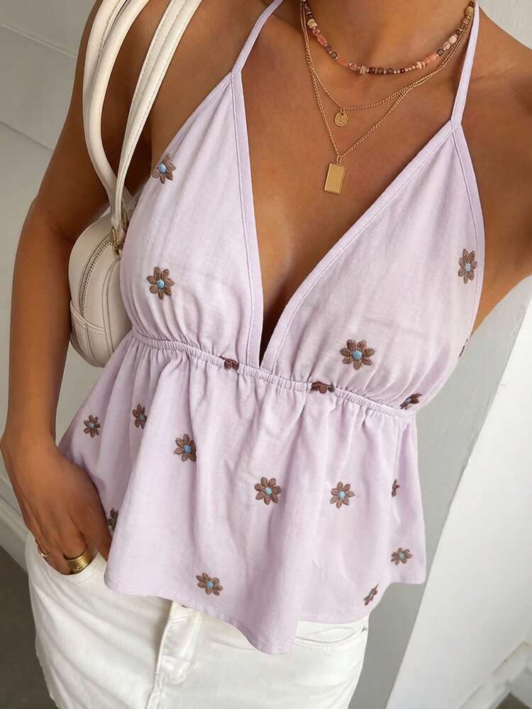 Women's Summer Vacation Floral Embroidery All-Over Print Spaghetti Strap Casual Tank Top Crop Tops Women