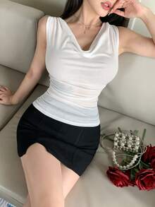 DAZY Áo thun nữ mùa hè, chất liệu hơi mỏng, ôm sát, cổ tròn, kiểu dáng thường ngày. - trắng - Xem 3
