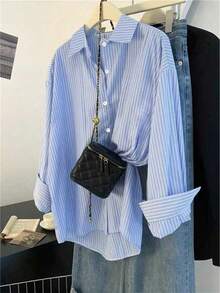 EMERY ROSE Plus Size Women's Regular Linen Striped Shirt - Multicolor - View 1
