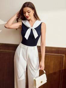 Vintamour Chemisier vintage élégant pour femme, col marin style marine, cravate col contrastée, gilet décontracté pour vacances, hauts d'été, tenues d'été pour femmes, vêtements de printemps, tenues de printemps pour femmes, vêtements de printemps, tenue de Pâques pour femmes, tenues de festival pour femmes, blouses décontractées pour femmes, tenues de vacances pour femmes, tenues d'été pour vacances pour femmes, tenues de plage pour vacances pour femmes, style campagne pour femmes, tenues de campagne pour femmes, tenue de concert country pour femmes - Bleu marine - Voir 7