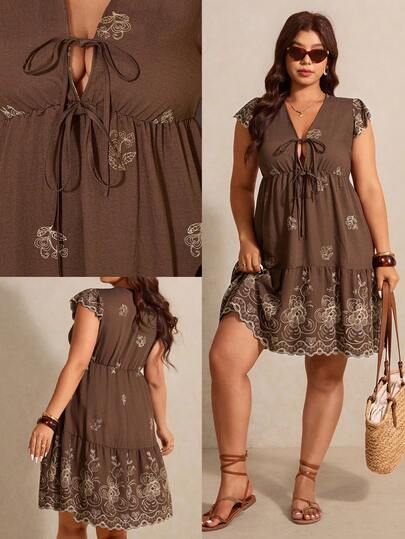 Elaquor Vestido de verano casual y elegante de talla grande con cuello en V, lazo delantero, hombros con volantes, manga corta y plisado