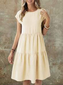 EMERY ROSE Gaun Wanita Kasual Boho Bahan Mirip Linen Putih Berpayet Lengan Pendek Leher Bulat Panjang Sedang, Musim Semi/Panas, Gaun Musim Panas untuk Liburan Wanita - Aprikot - View 4