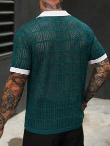 Manfinity Homme Camiseta de punto de manga corta con contraste, malla hueca y casual de verano para hombres - Verde - Ver 2
