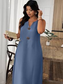 EMERY ROSE Plus Size V-Neck Sleeveless Loose Casual Long Dress - Baby Blue - View 3